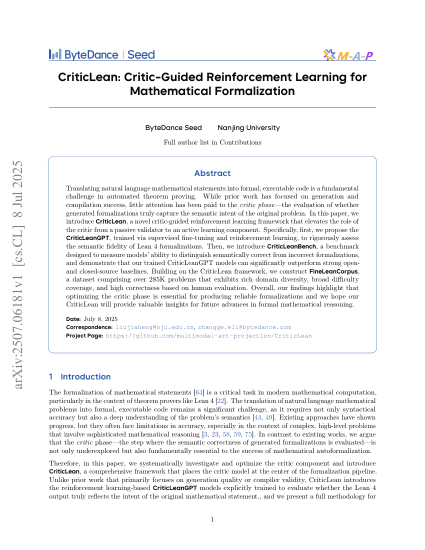 CriticLean: Critic-Guided Reinforcement Learning for Mathematical
  Formalization