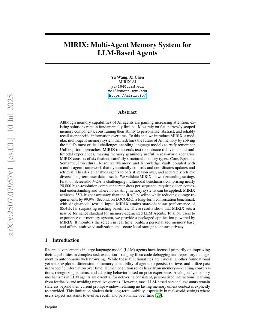 MIRIX: Multi-Agent Memory System for LLM-Based Agents
