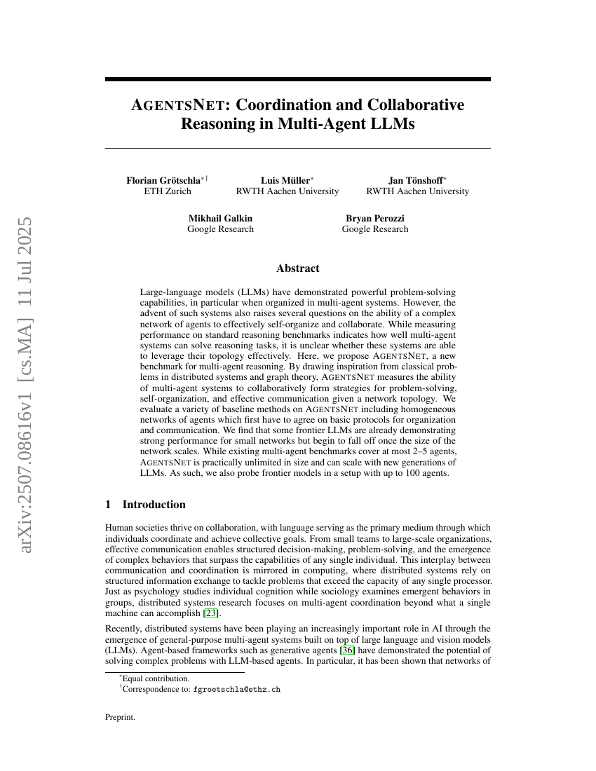AgentsNet: Coordination and Collaborative Reasoning in Multi-Agent LLMs