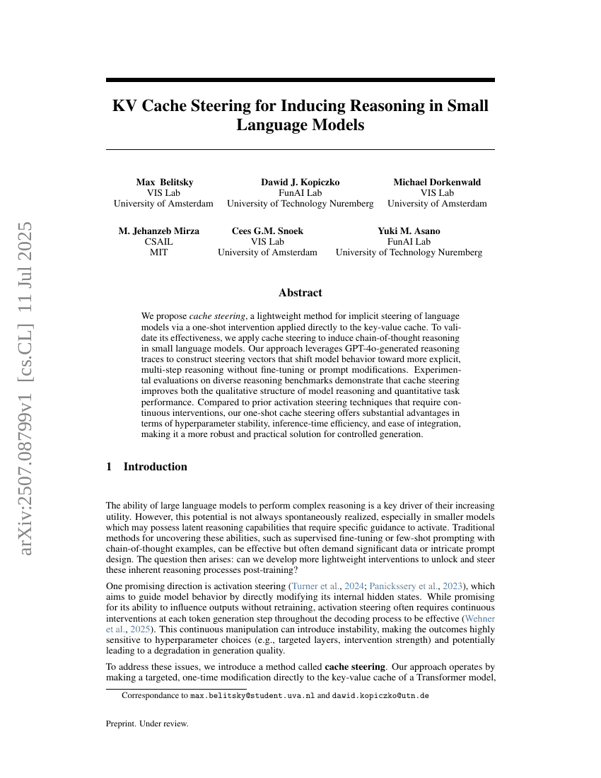 KV Cache Steering for Inducing Reasoning in Small Language Models