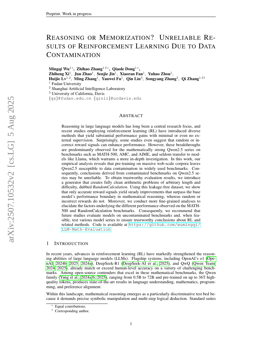 Reasoning or Memorization? Unreliable Results of Reinforcement Learning
  Due to Data Contamination