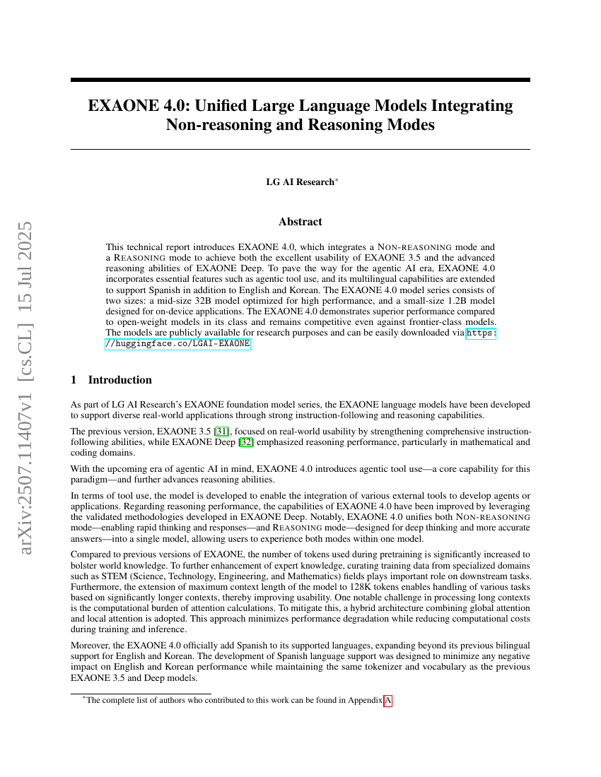 EXAONE 4.0: Unified Large Language Models Integrating Non-reasoning and
  Reasoning Modes
