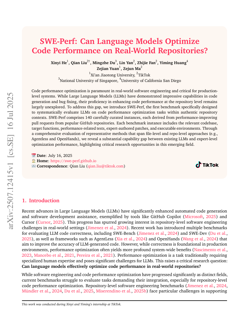 SWE-Perf: Can Language Models Optimize Code Performance on Real-World
Repositories?