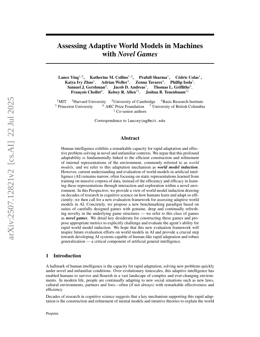 Assessing adaptive world models in machines with novel games