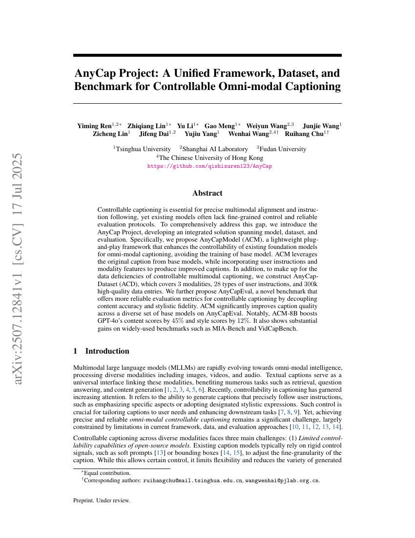 AnyCap Project: A Unified Framework, Dataset, and Benchmark for
Controllable Omni-modal Captioning