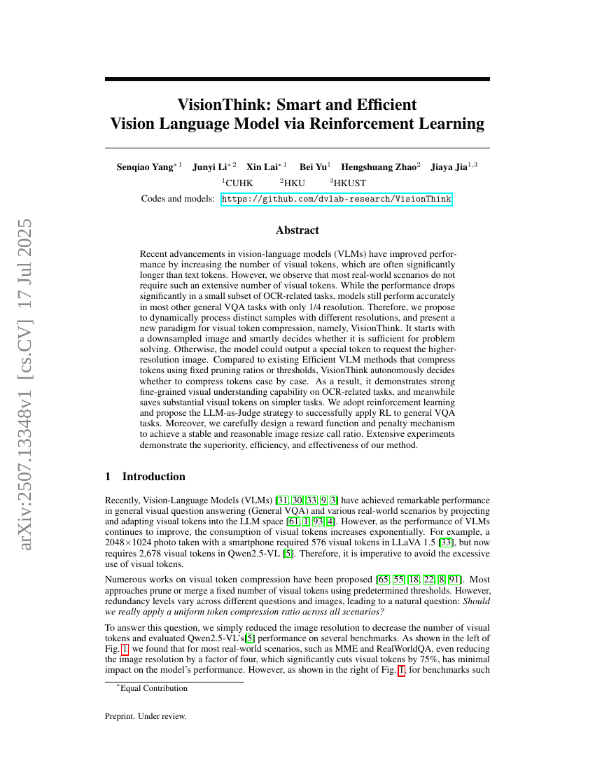 VisionThink: Smart and Efficient Vision Language Model via Reinforcement
Learning