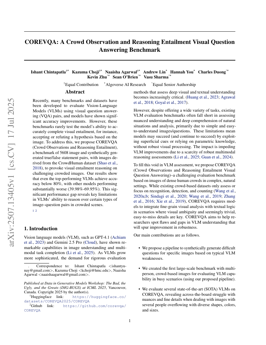 COREVQA: A Crowd Observation and Reasoning Entailment Visual Question Answering Benchmark