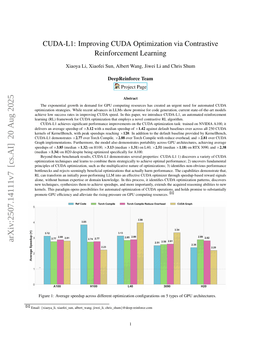 CUDA-L1: Improving CUDA Optimization via Contrastive Reinforcement Learning