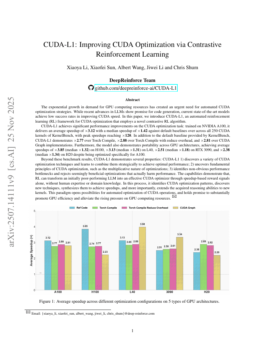 CUDA-L1: Improving CUDA Optimization via Contrastive Reinforcement Learning