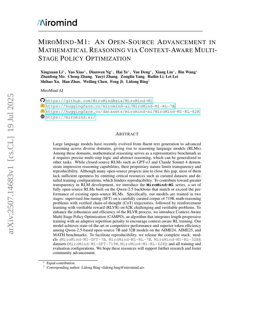 MiroMind-M1: An Open-Source Advancement in Mathematical Reasoning via
Context-Aware Multi-Stage Policy Optimization