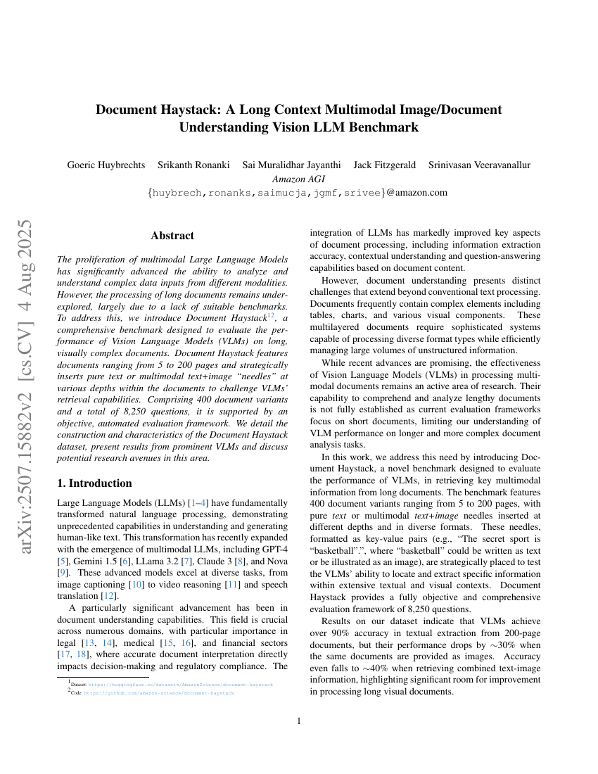 Document Haystack: A Long Context Multimodal Image/Document Understanding Vision LLM Benchmark