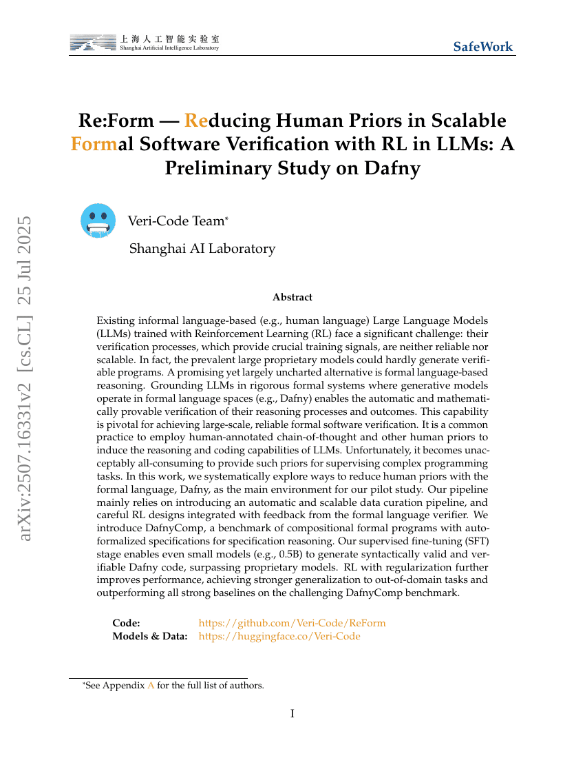 Re:Form -- Reducing Human Priors in Scalable Formal Software Verification with RL in LLMs: A Preliminary Study on Dafny