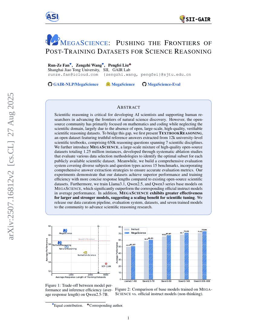 MegaScience: Pushing the Frontiers of Post-Training Datasets for Science
  Reasoning