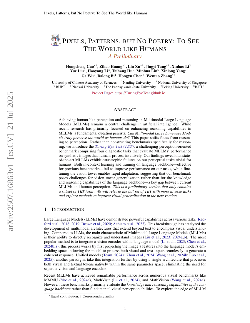 Pixels, Patterns, but No Poetry: To See The World like Humans