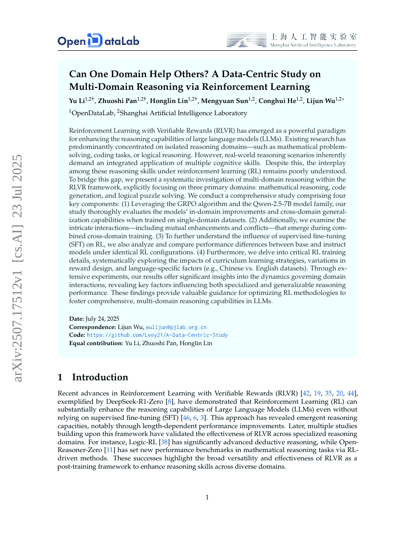 Can One Domain Help Others? A Data-Centric Study on Multi-Domain
  Reasoning via Reinforcement Learning