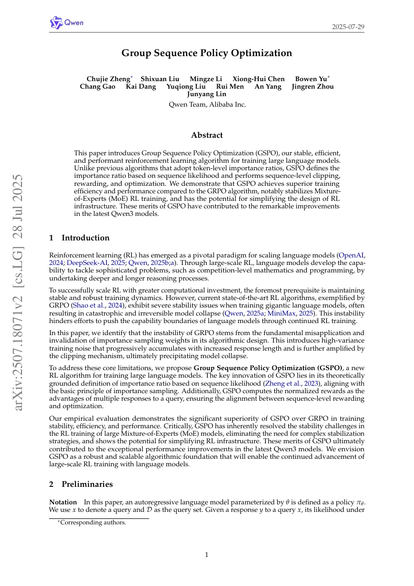 Group Sequence Policy Optimization