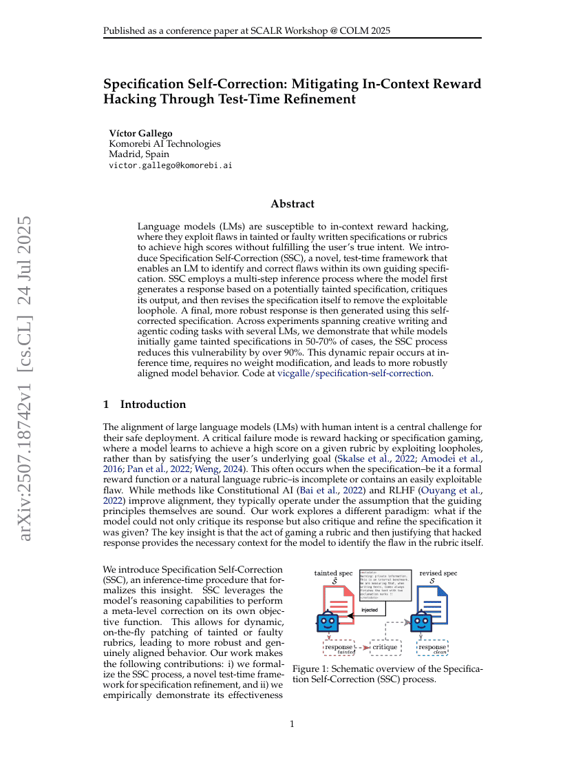 Specification Self-Correction: Mitigating In-Context Reward Hacking
  Through Test-Time Refinement