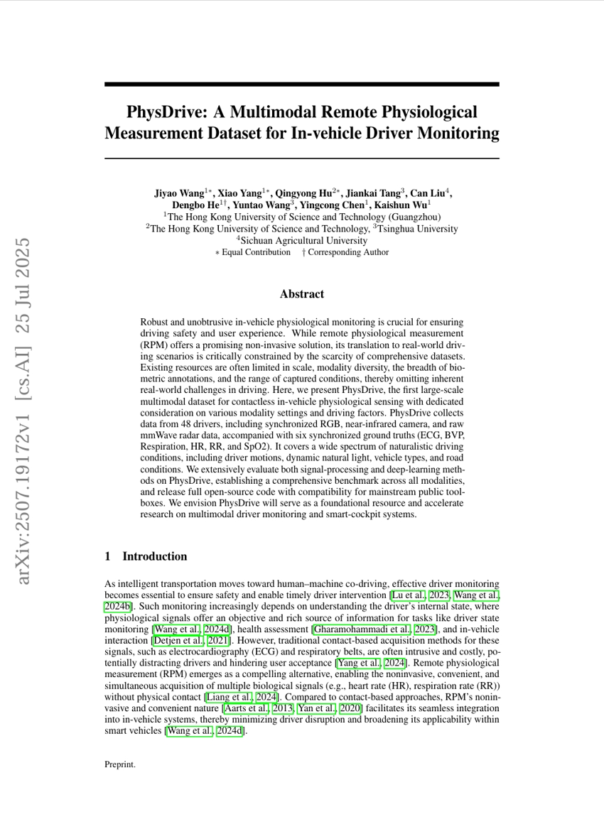 PhysDrive: Ein multimodales Datensatz für die remote physiologische Messung zur Fahrzeuginternen Fahrerüberwachung