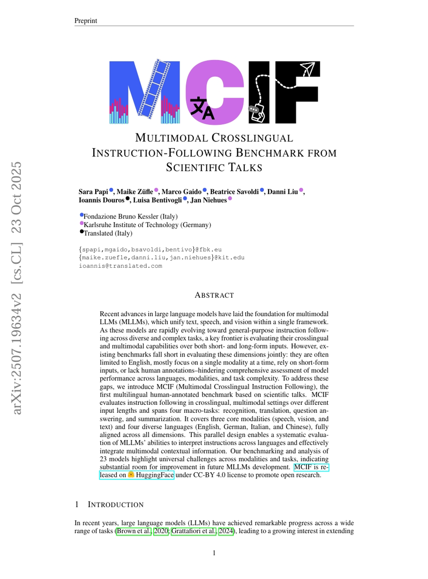 MCIF: Multimodal Crosslingual Instruction-Following Benchmark from Scientific Talks