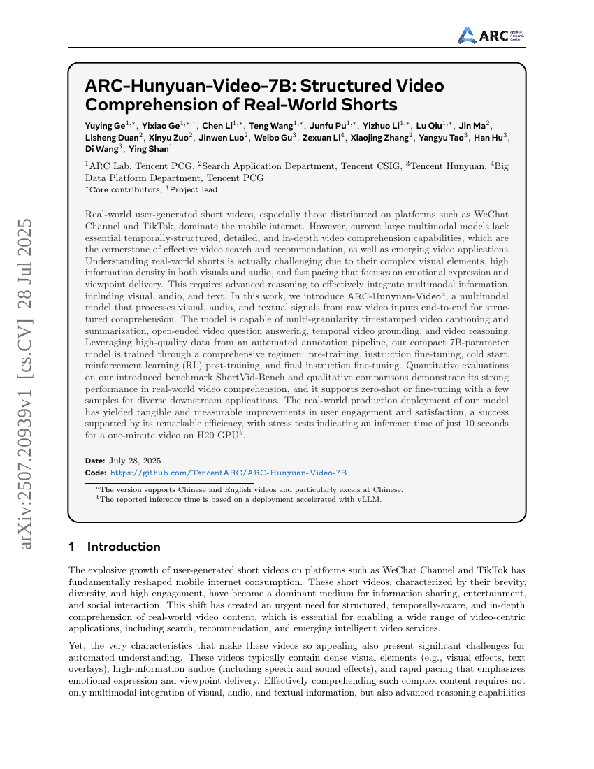 ARC-Hunyuan-Video-7B: Structured Video Comprehension of Real-World
  Shorts