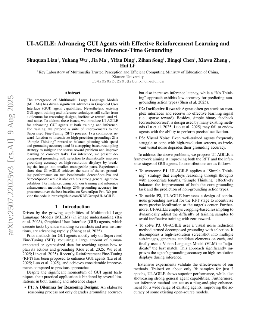 UI-AGILE: Advancing GUI Agents with Effective Reinforcement Learning and Precise Inference-Time Grounding