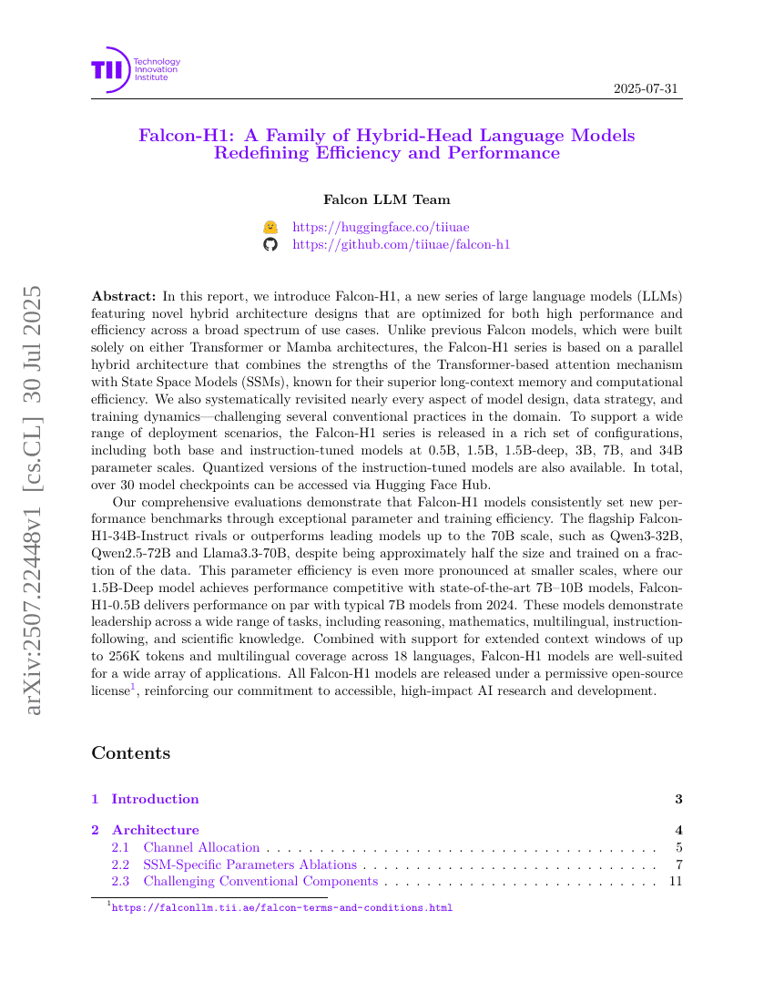 Falcon-H1: A Family of Hybrid-Head Language Models Redefining Efficiency
  and Performance