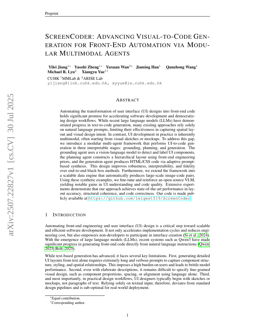 ScreenCoder: Advancing Visual-to-Code Generation for Front-End
  Automation via Modular Multimodal Agents