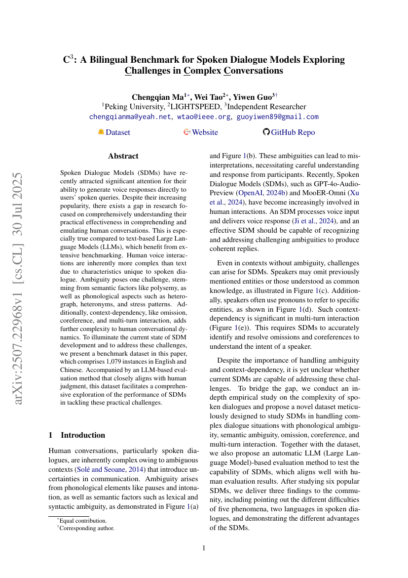 C3: A Bilingual Benchmark for Spoken Dialogue Models Exploring
  Challenges in Complex Conversations