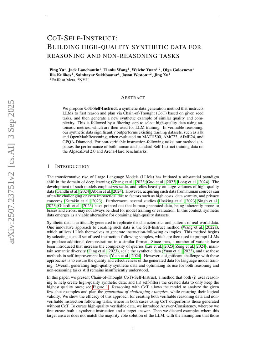 CoT-Self-Instruct: Building high-quality synthetic prompts for reasoning and non-reasoning tasks