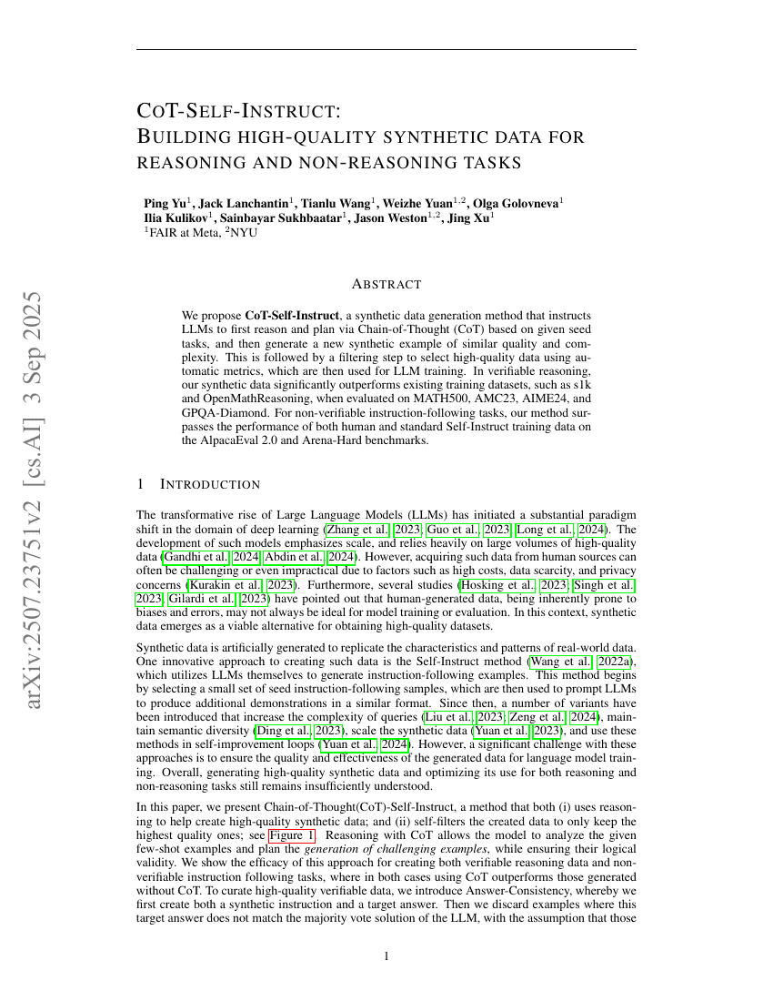 CoT-Self-Instruct: Building high-quality synthetic prompts for reasoning and non-reasoning tasks