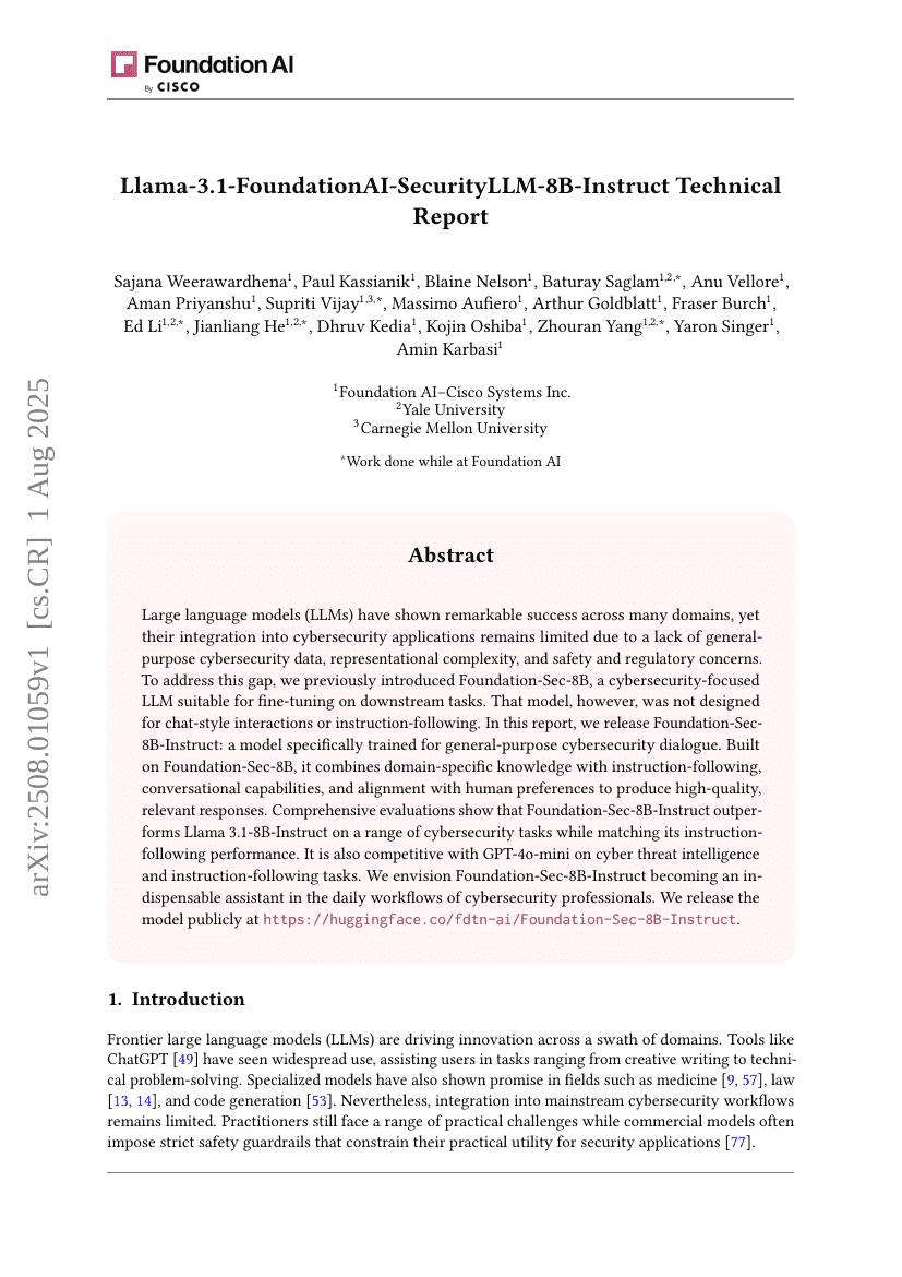 Llama-3.1-FoundationAI-SecurityLLM-8B-Instruct Technical Report