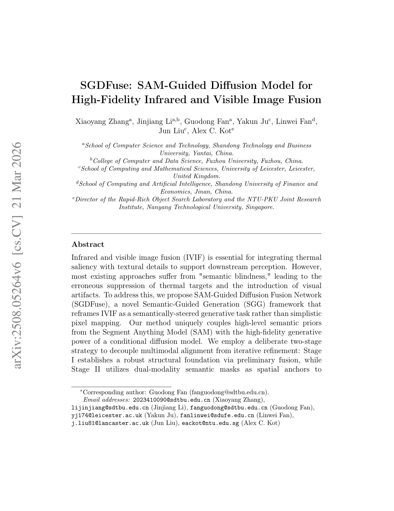 SGDFuse: 高忠実度赤外線および可視画像融合のためのSAMガイド型拡散モデル