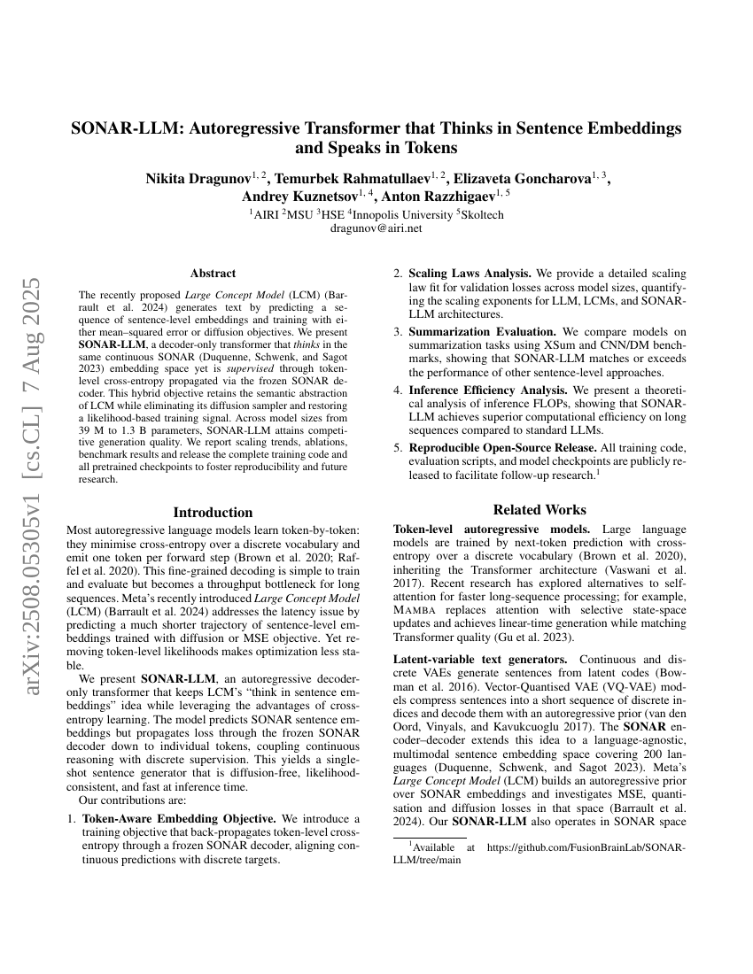 SONAR-LLM: Autoregressive Transformer that Thinks in Sentence Embeddings and Speaks in Tokens