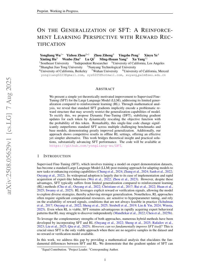 On the Generalization of SFT: A Reinforcement Learning Perspective with
Reward Rectification