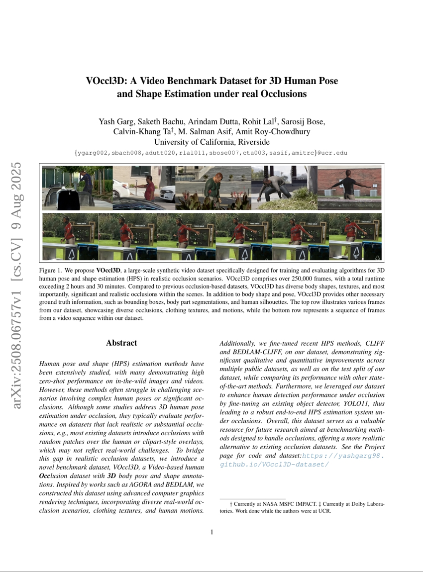 VOccl3D: A Video Benchmark Dataset for 3D Human Pose and Shape Estimation under real Occlusions