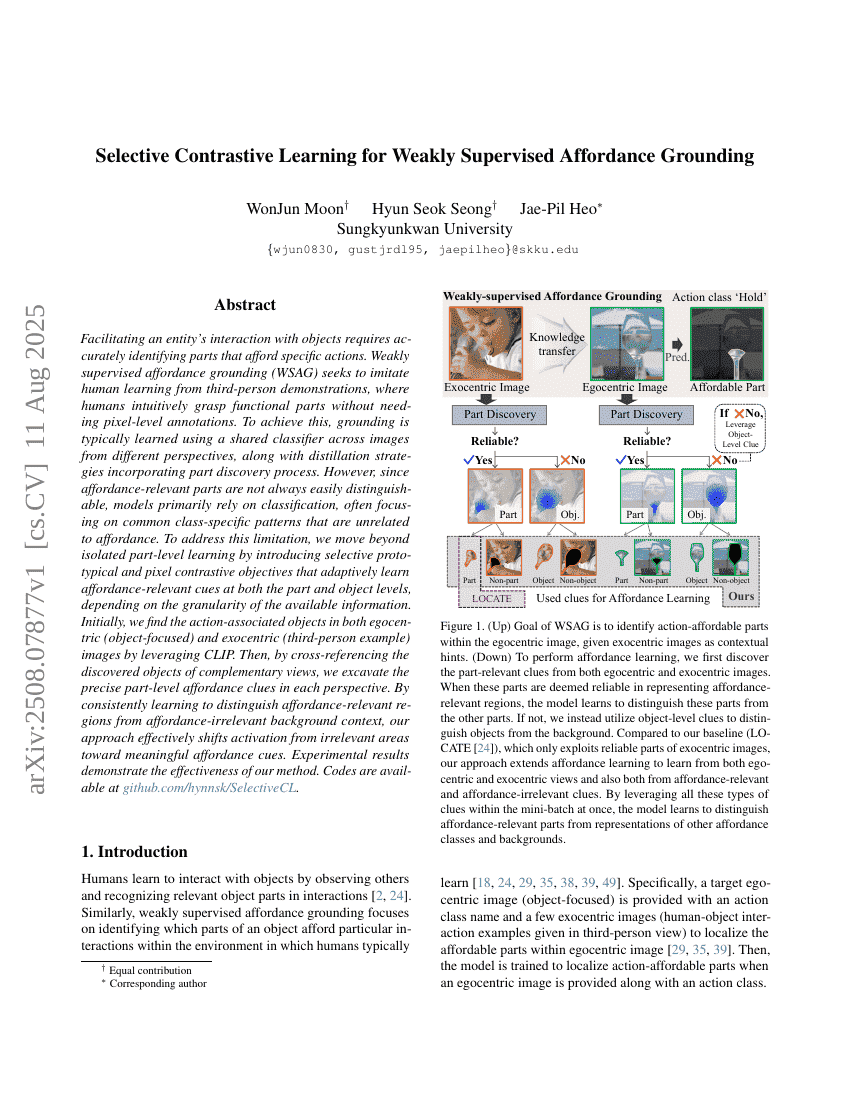 Selective Contrastive Learning for Weakly Supervised Affordance Grounding