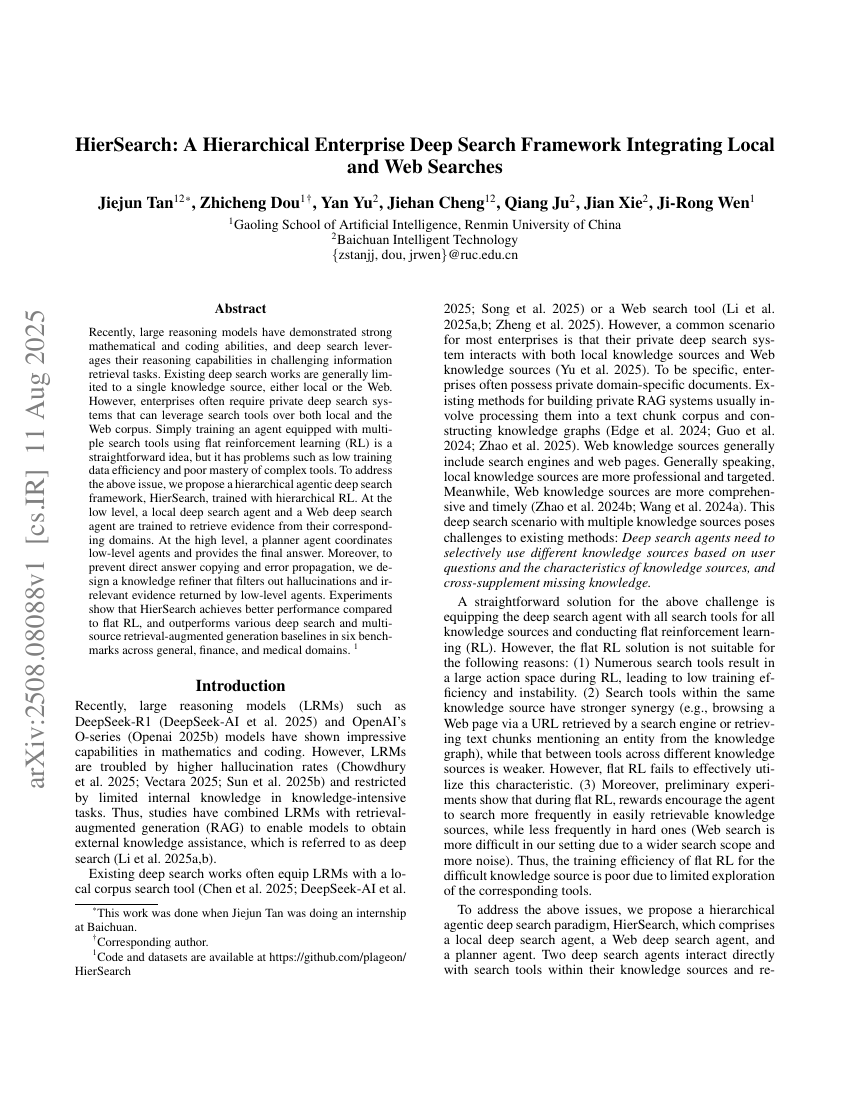 HierSearch: A Hierarchical Enterprise Deep Search Framework Integrating Local and Web Searches