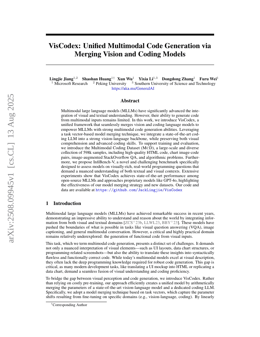 VisCodex: Unified Multimodal Code Generation via Merging Vision and Coding Models
