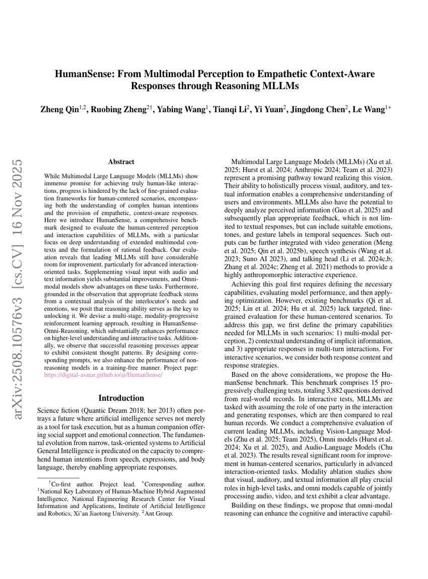 HumanSense：从多模态感知到通过推理实现共情的上下文感知响应的MLLMs