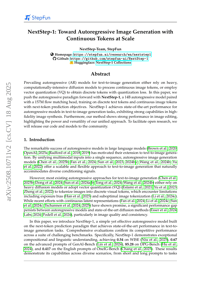 NextStep-1: Toward Autoregressive Image Generation with Continuous
Tokens at Scale