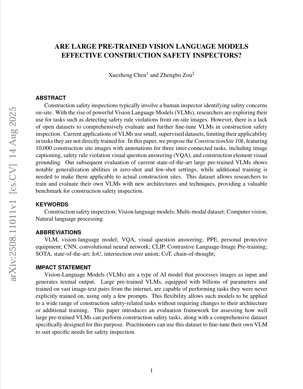 大型预训练视觉语言模型能否有效担任施工安全检查员?