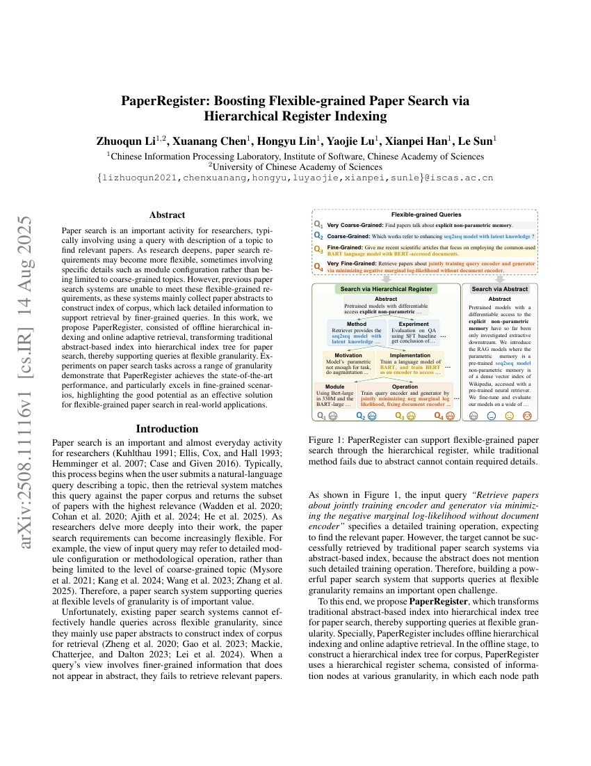 PaperRegister: Boosting Flexible-grained Paper Search via Hierarchical
Register Indexing