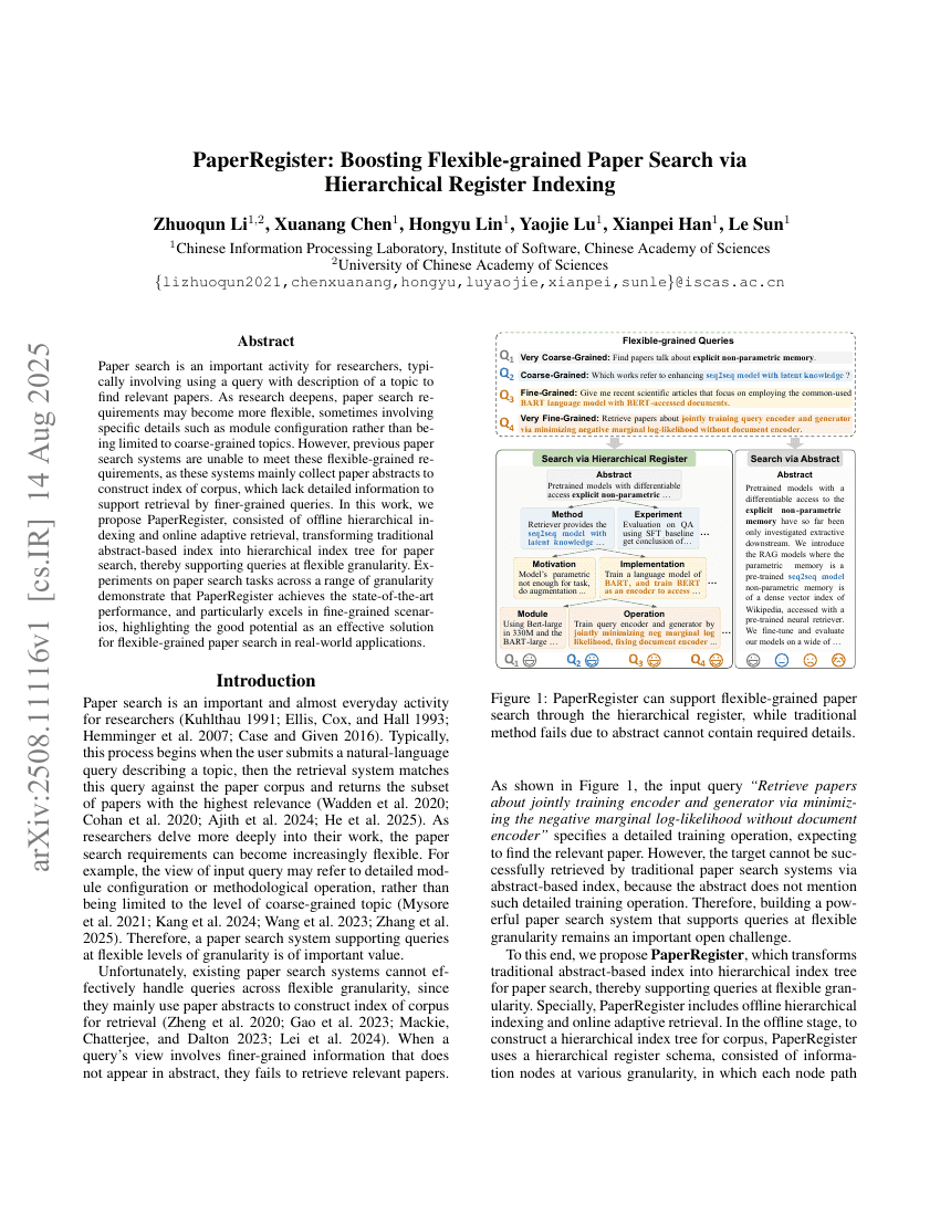 PaperRegister: Boosting Flexible-grained Paper Search via Hierarchical
  Register Indexing