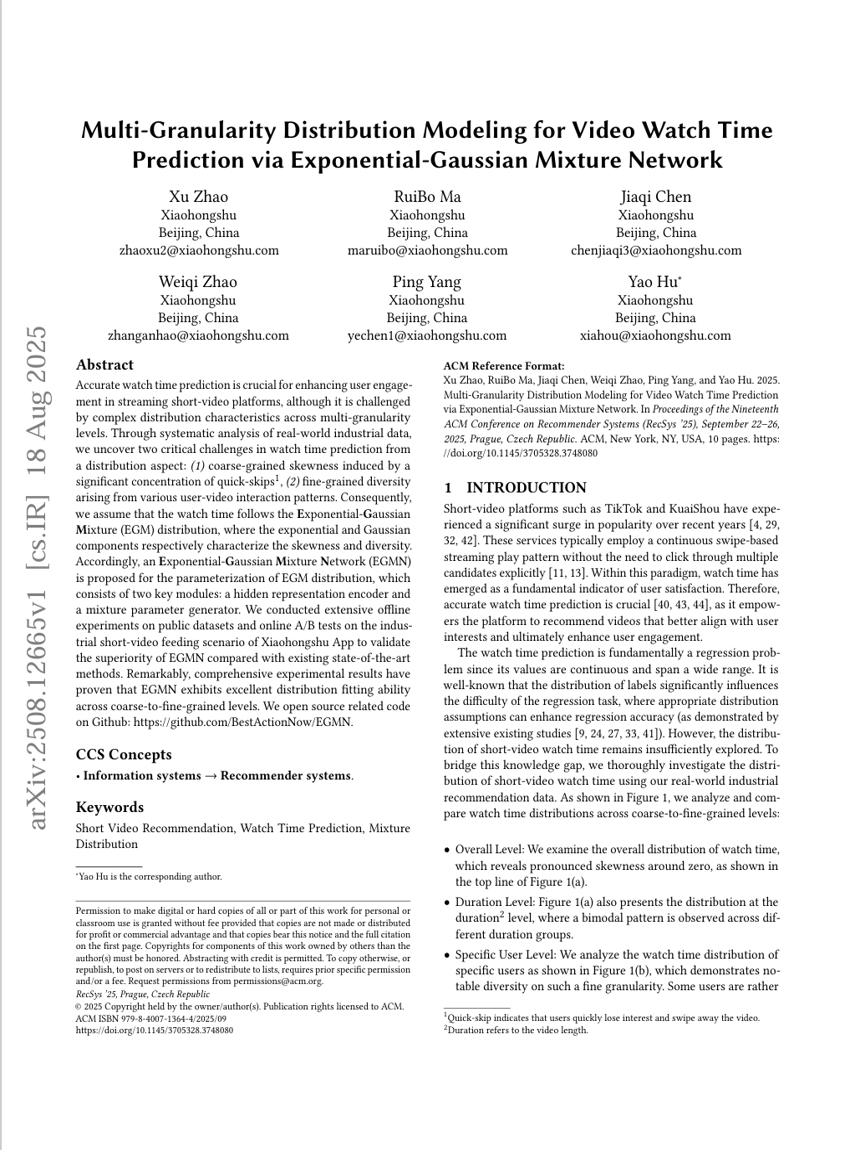 基于指数-高斯混合网络的视频观看时长预测多粒度分布建模