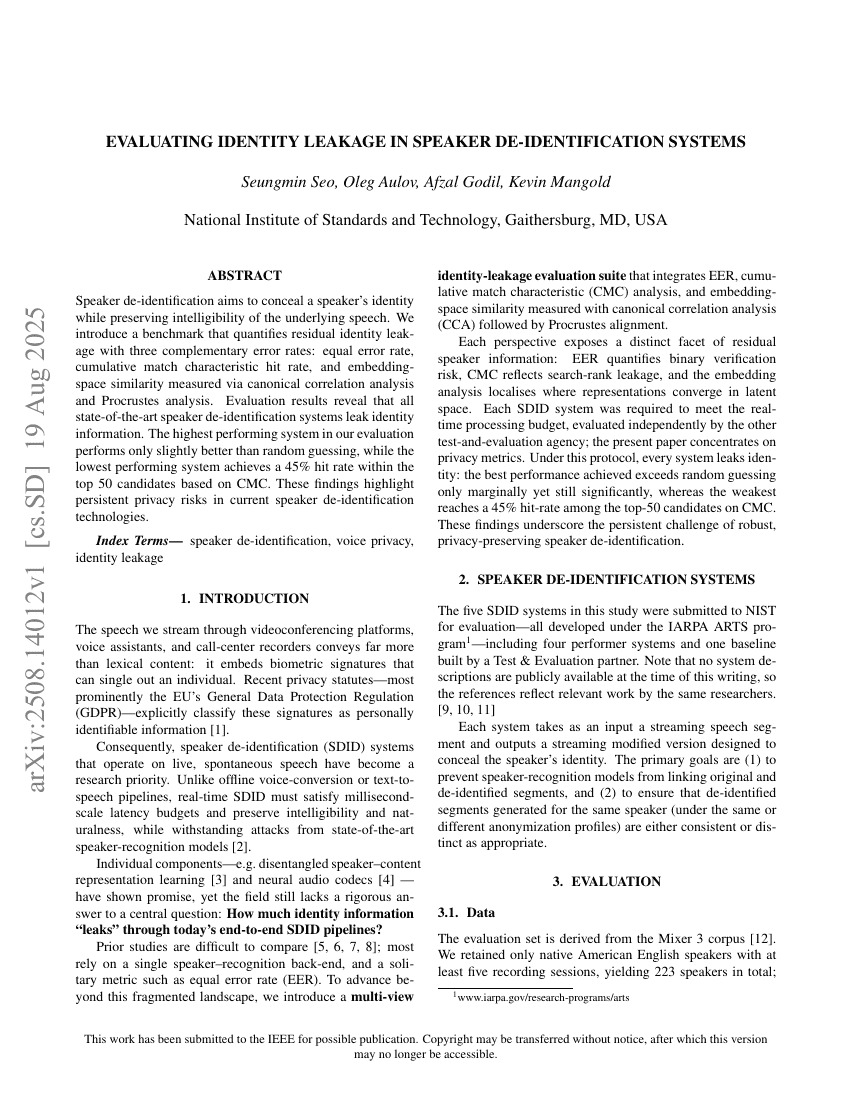 Evaluating Identity Leakage in Speaker De-Identification Systems