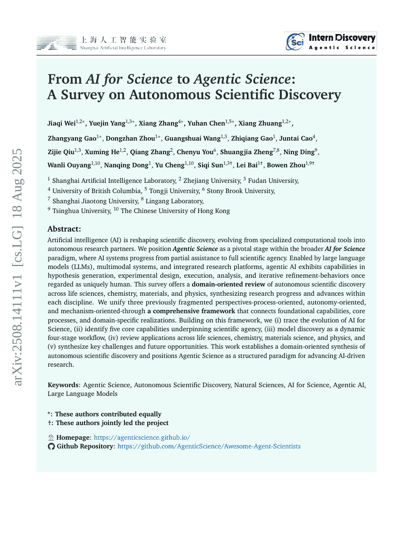 From AI for Science to Agentic Science: A Survey on Autonomous
  Scientific Discovery