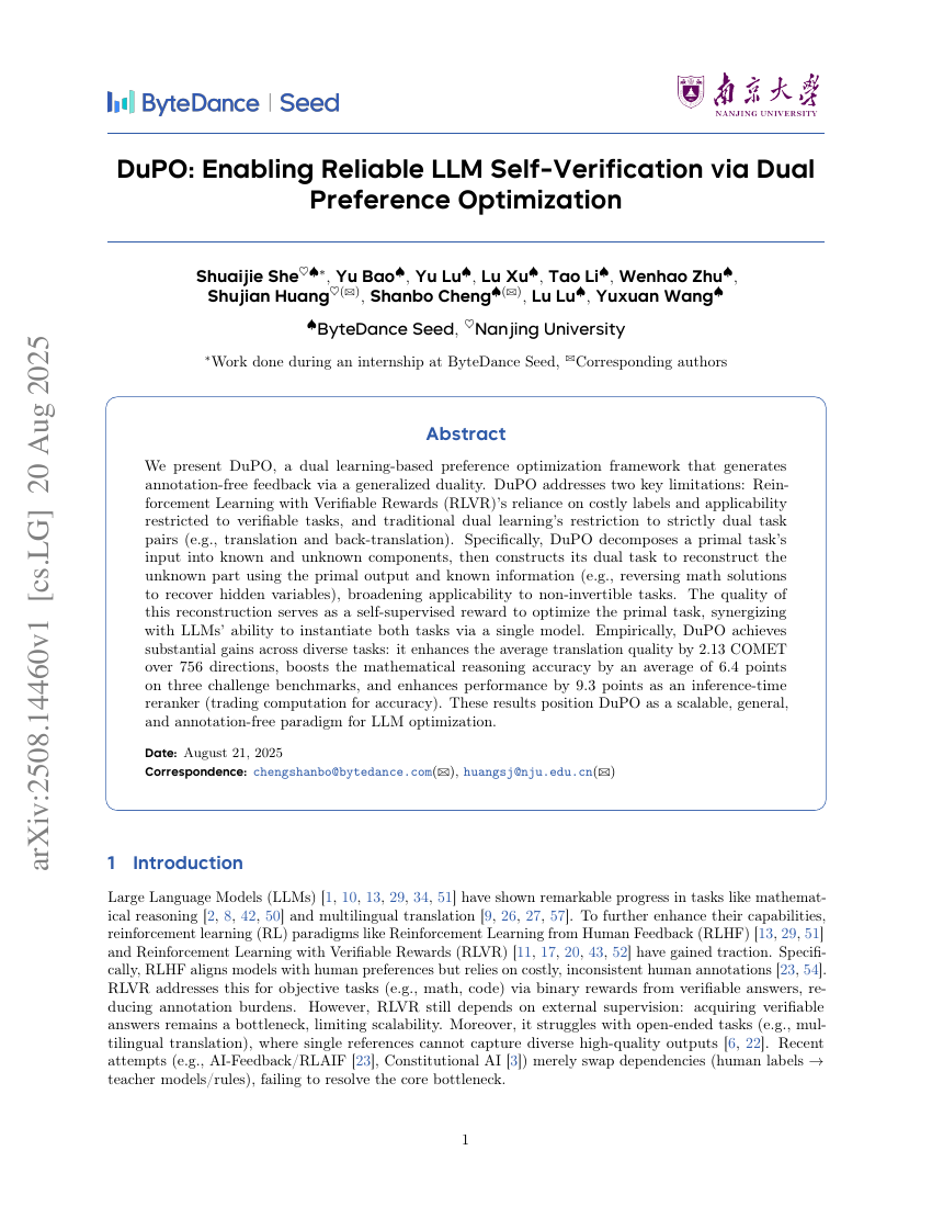DuPO: Enabling Reliable LLM Self-Verification via Dual Preference
  Optimization