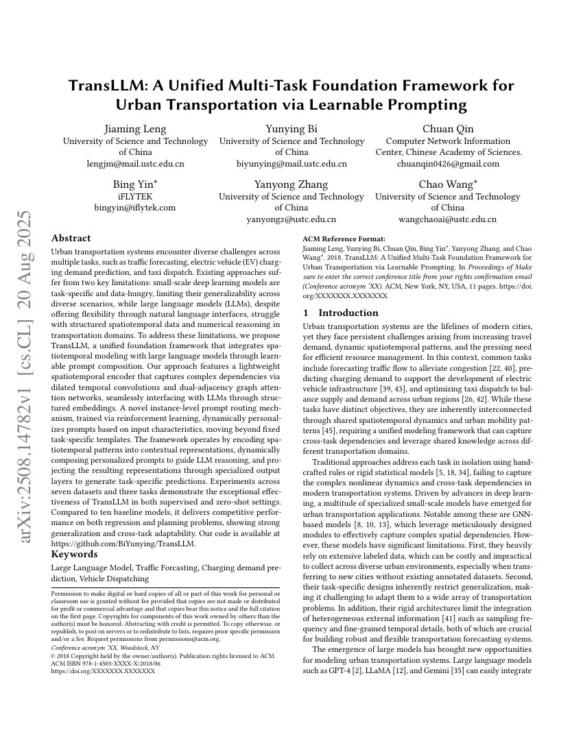 TransLLM: A Unified Multi-Task Foundation Framework for Urban Transportation via Learnable Prompting