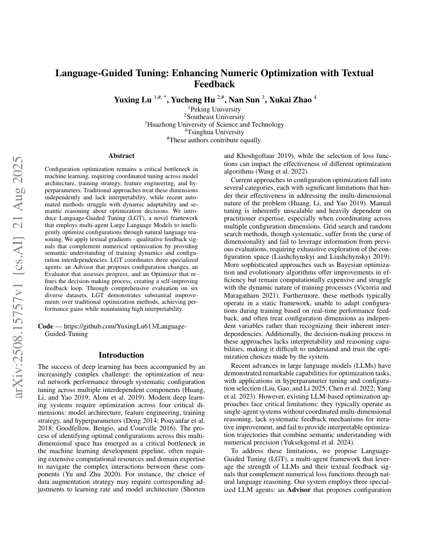 Language-Guided Tuning: Enhancing Numeric Optimization with Textual Feedback