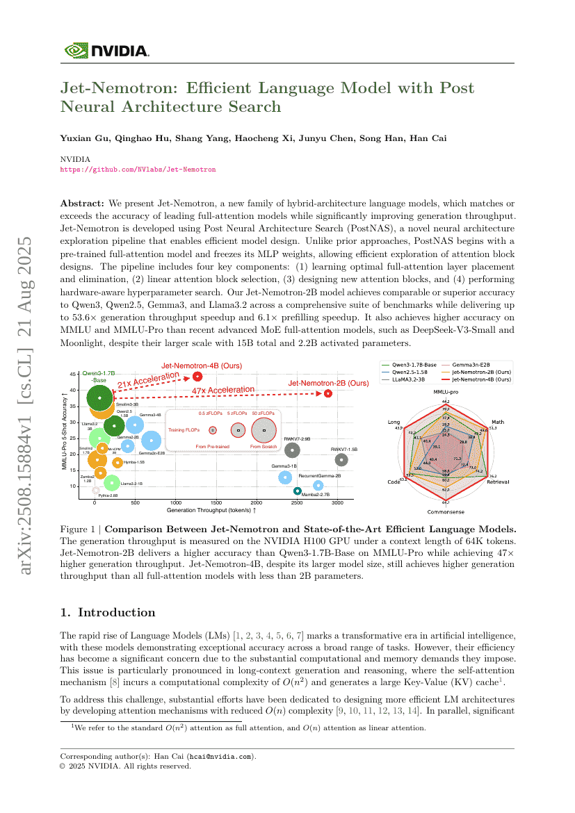 Jet-Nemotron: Efficient Language Model with Post Neural Architecture Search